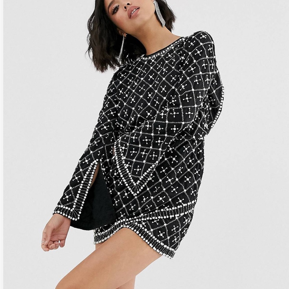 ASOS DESIGN black mini dress with long sleeve in pearl & beaded embellishment - Picture 5 of 6